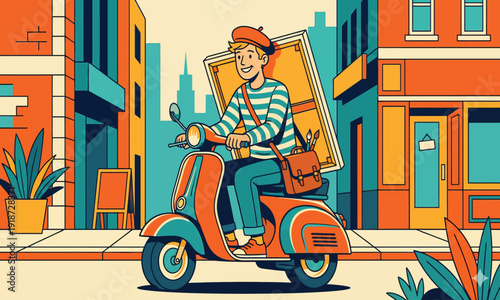Artist Courier Riding Retro Scooter with Canvas in European City Street. Vibrant Vector Illustration.