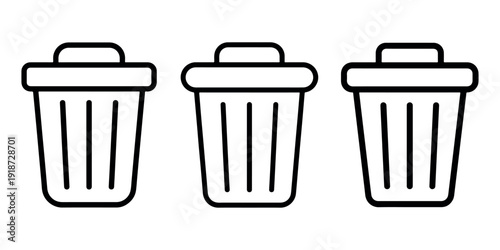 Set of three black outline trash can icons representing deletion or removal and digital data waste bin symbol for clean up or discard vector illustration