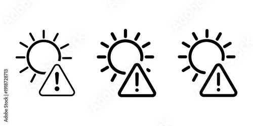 Sun weather alert icons featuring warning triangle with exclamation mark for extreme heat waves and solar ultraviolet radiation safety notices for public