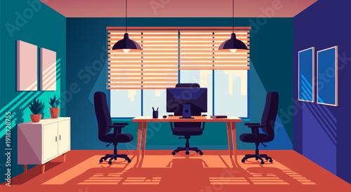 Modern Vector Illustration of a Calming Office Space with Wood Desk, Orange Blinds, and Red Rug