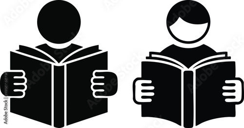 Monochrome Graphic Set: Literacy, Education, and Study Symbols, Two Variations of Minimalist Person Reading a Book Icons, vector, illustration, silhouette.