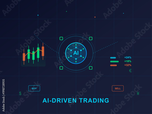 AI Driven Trading Dark Blue Dashboard with Candlestick Chart Neural Network and Market Data Visualization Design