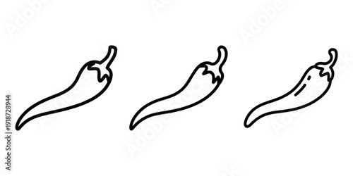 Three chili pepper icons, stylized line drawings of spicy ingredient, illustrating heat, flavor, and culinary use in food preparation and recipes