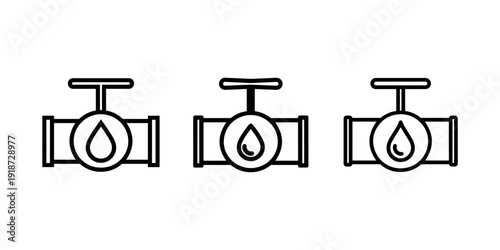 Oil pipeline valve icon set with fuel drop symbol representing petroleum industry energy resources gas distribution and plumbing utility infrastructure art