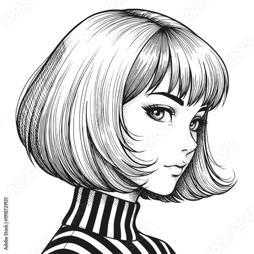 Retro stylized portrait of a young woman with bob hairstyle: Design for vintage fashion magazines, beauty salon branding, or trendy lifestyle avatars. Transparent background SVG version.