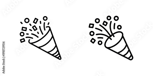 Two cartoon style outline icons of party poppers exploding with confetti and streamers celebrating festive fun occasion abstract elements