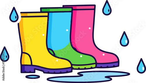 Colorful rain boots standing in puddle with raindrops rubber footwear waterproof shoes
