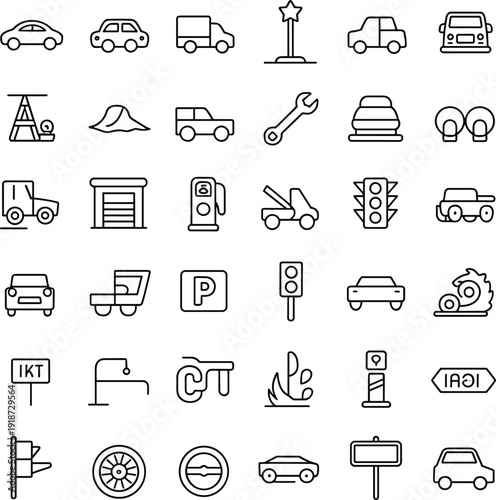 Transportation vehicle line icon set, car truck traffic road transport vector outline automotive parking garage repair modern collection