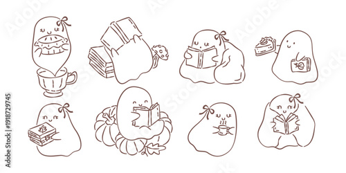 Cute hand-drawn ghost doodles reading books, eating pumpkin pie, and drinking coffee. Cozy autumn Halloween aesthetic.