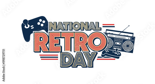 A nostalgic illustration for National Retro Day in the United States featuring a classic video game controller and boombox with a timeless style and vintage vibe against a clean background.