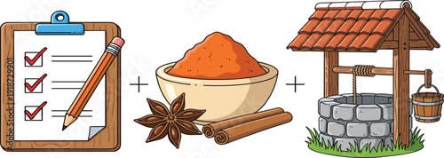 Checklist Clipboard With Pencil, Spice Bowl And Traditional Water Well Vector Illustration Concept For Planning And Resources