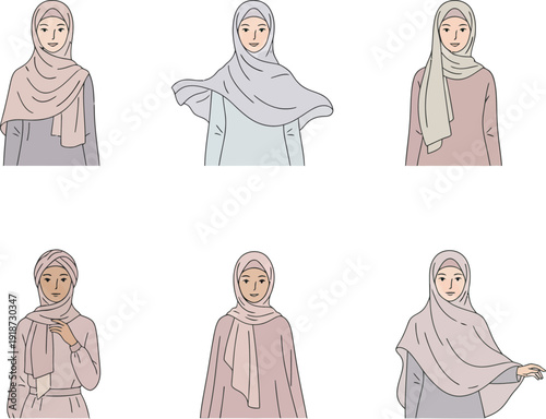 Collection of diverse women wearing hijab headscarves in various poses and outfits, showcasing different styles and cultural attire