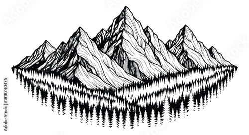 Hand drawn line art illustration of a mountain landscape depicting a natural wilderness scene for outdoor adventure designs