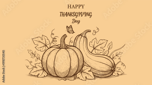 Happy Thanksgiving Day Pumpkins and Leaves Illustration