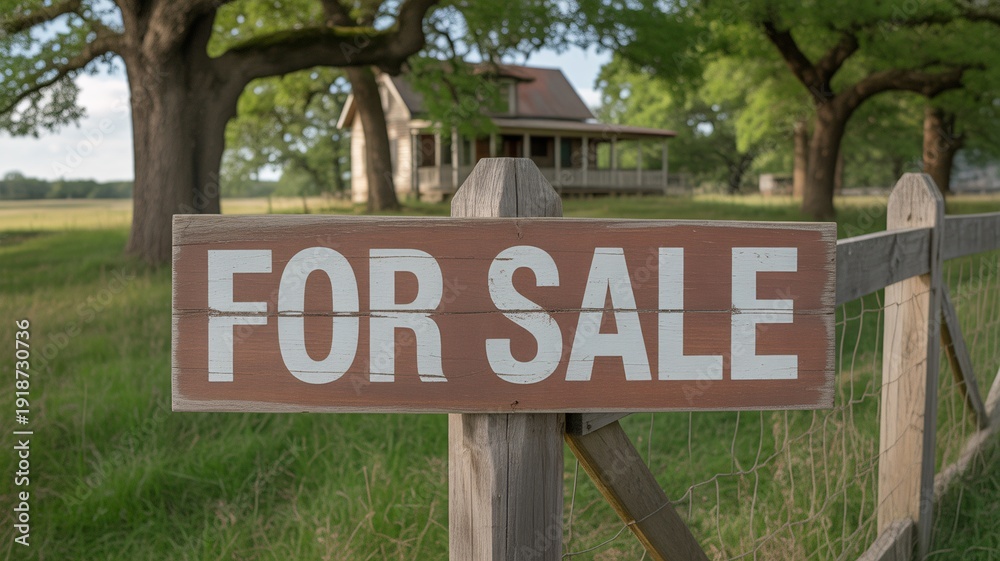 Fototapeta premium Rustic For Sale sign on wooden fence in front of house