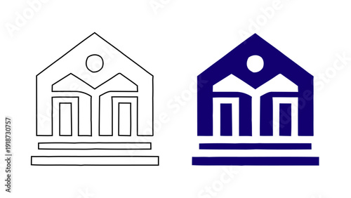 Government Building and Bank Icon Linear and Flat Courthouse Architectural Symbols