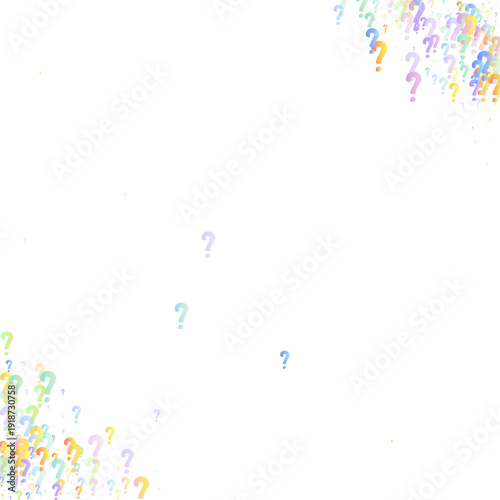 Question marks. Background for quiz, poll, survey, faq, interrogation, query. Multicolored template for opinion, public poll. Funny School vector illustration rainbow color on white background.