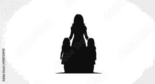 Silhouette of a woman and two children sitting together in a black outline against a white background with gray shadows
