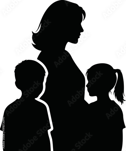Silhouette of mother and children standing together in profile view family unity concept