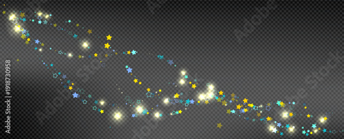 Cyan, Gold, Blue Stars Confetti. Shimmering Shiny particles. Scattered little sparkling, glitter light points. Stellar falling on black background. New Year Christmas background. Vector illustration.