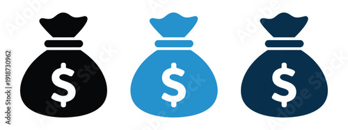Money Bags with Dollar Signs, three stylized finance symbols in black blue and dark blue colors