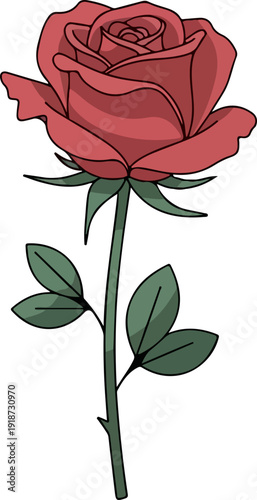 A single red rose with green leaves on a white background symbolizing love and passion in a minimalist style