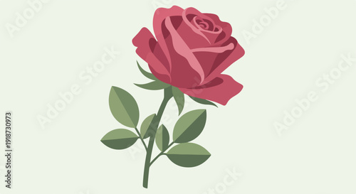A single pink rose with green leaves on a light green background symbolizing love and nature