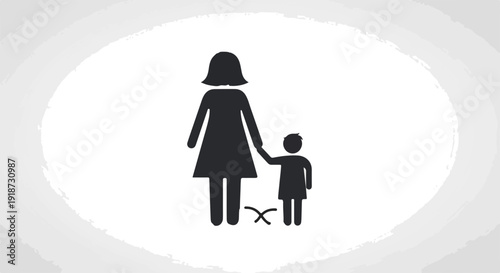 Mother and child holding hands walking together in a gray background with a white oval symbolizing family and love