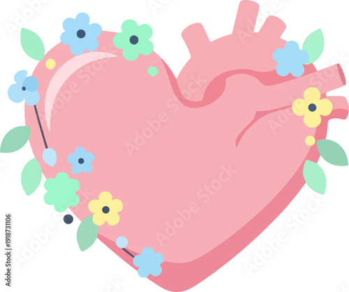 Pink heart with colorful flowers and leaves on white background symbolizing love and care healthy heart concept
