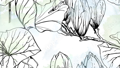 Black and white tropical seamless pattern under gentle watercolor blobs and stains. Contrast exotic graphics print. Modern summer flower, leaf on abstract brush. Organic, tropic vector background.