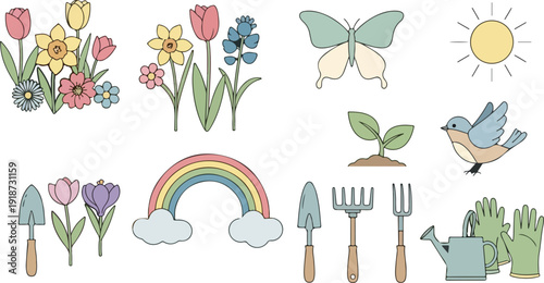 Gardening tools and flowers with rainbow butterfly bird and sun on white background colorful illustration for spring and growth concepts