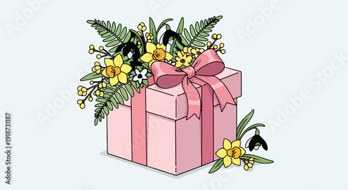 Beautiful pink gift box with yellow flowers and green leaves wrapped with a pink ribbon perfect for celebrations and special occasions symbolizing love and appreciation