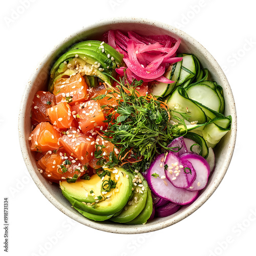 Poke bowl, isolated on white background, realistic, studio lighting, centered, no shadow, transparent background