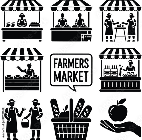 A black and white illustration of various scenes from a bustling farmers market with people shopping and selling fresh produce.