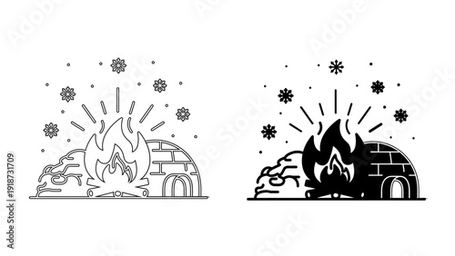 Campfire and Igloo Winter Arctic Survival Icon Line and Glyph Style