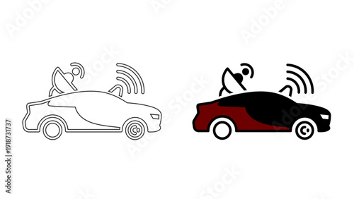 Smart Connected Car Icon with Satellite Dish and Wi-Fi Signal, Autonomous Vehicle Technology Line and Glyph 
