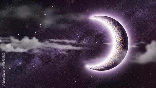 Luminous crescent moon shines brightly in a mystical cosmic night sky, surrounded by ethereal clouds and twinkling stars, evoking wonder and dreams
