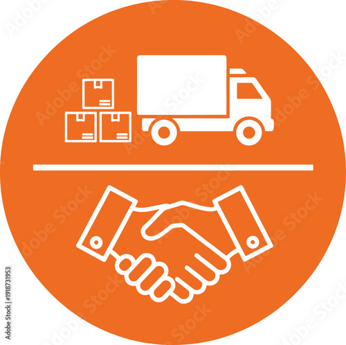 Logistics truck and boxes, handshake symbol, delivery service, business partnership, transportation agreement, cargo shipping icon