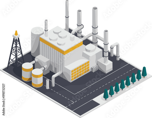 Isometric petrochemical refinery plant with oil drilling rig, storage tanks, pipelines and smokestacks industrial energy production illustration