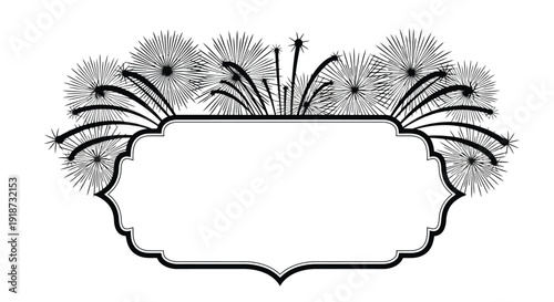 Decorative frame with fireworks design in black and white illustration
