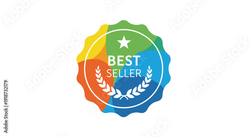A colorful badge declaring best seller with a star and laurel wreath