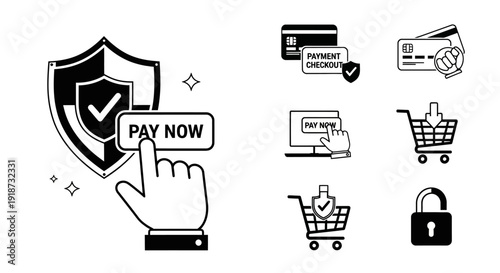 Secure Online Payment and E-commerce Transaction Icons Set.