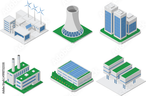 Isometric renewable energy power plant collection with wind turbines, solar panels, cooling tower and sustainable industrial buildings illustration