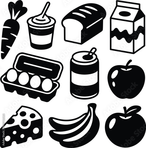 A collection of various food items and groceries on a white background