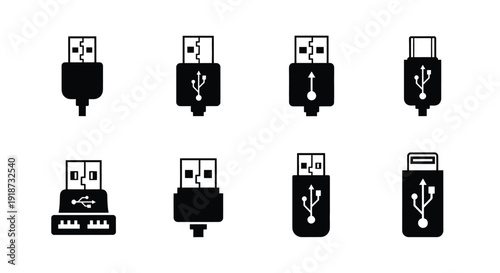 Various usb connector types shown as black vector icons on a white background