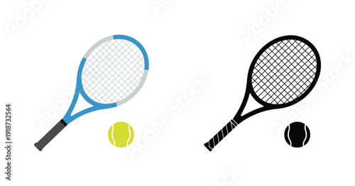 Tennis Racket Ball Icon, modern minimal tennis sport sign, racquet and ball silhouette illustration