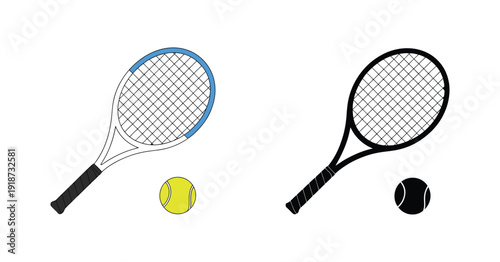 Tennis Racket Ball Icon, modern minimal tennis sport sign, racquet and ball silhouette illustration