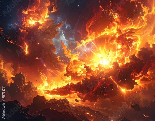 Cosmic Explosion with Fiery Clouds and Celestial Bodies in Space