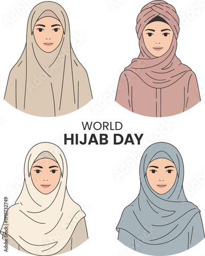 Illustration of four women wearing different colored hijabs for World Hijab Day