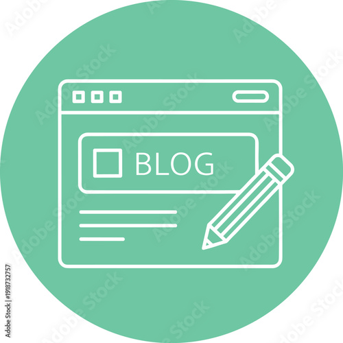 Blogging platform icon with thin line website interface and pencil for content creation isolated on green background